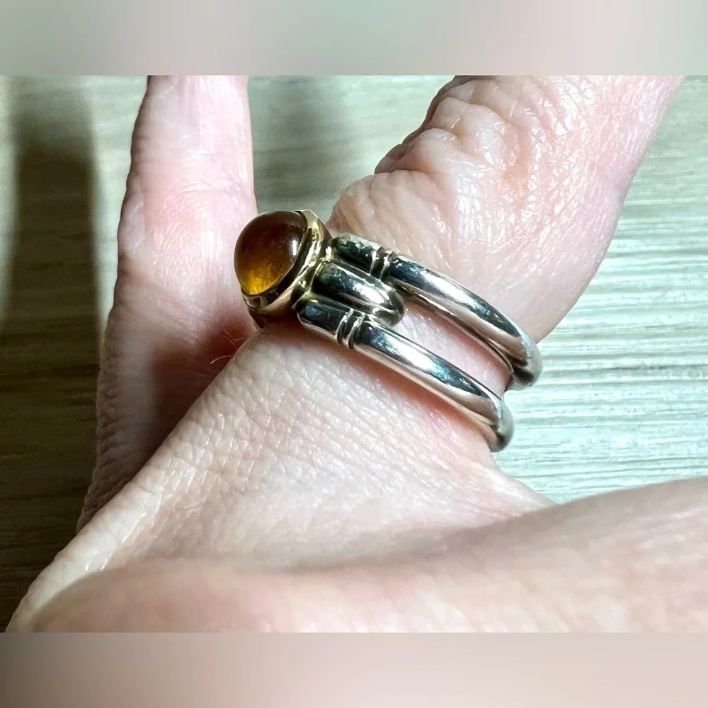 Designer Hallmarked M Sterling Silver & 18K Gold Bezel Set Citrine Ring, Size 6